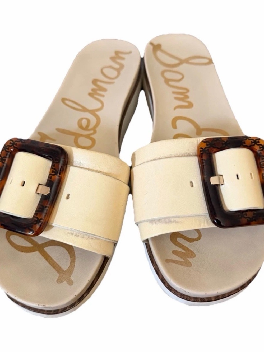 Sam Edelman Cream Slide Sandals with Tortoiseshell Buckles